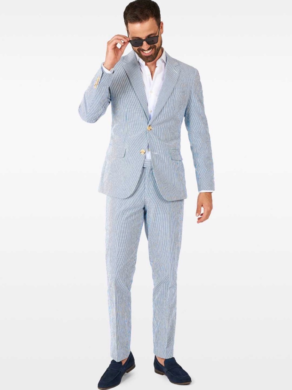 Blue White Seersucker Two-Button Suit - Picture 3 of 7